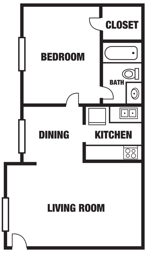 Floor plan for 1 bed, 1 bath, 560 sqft